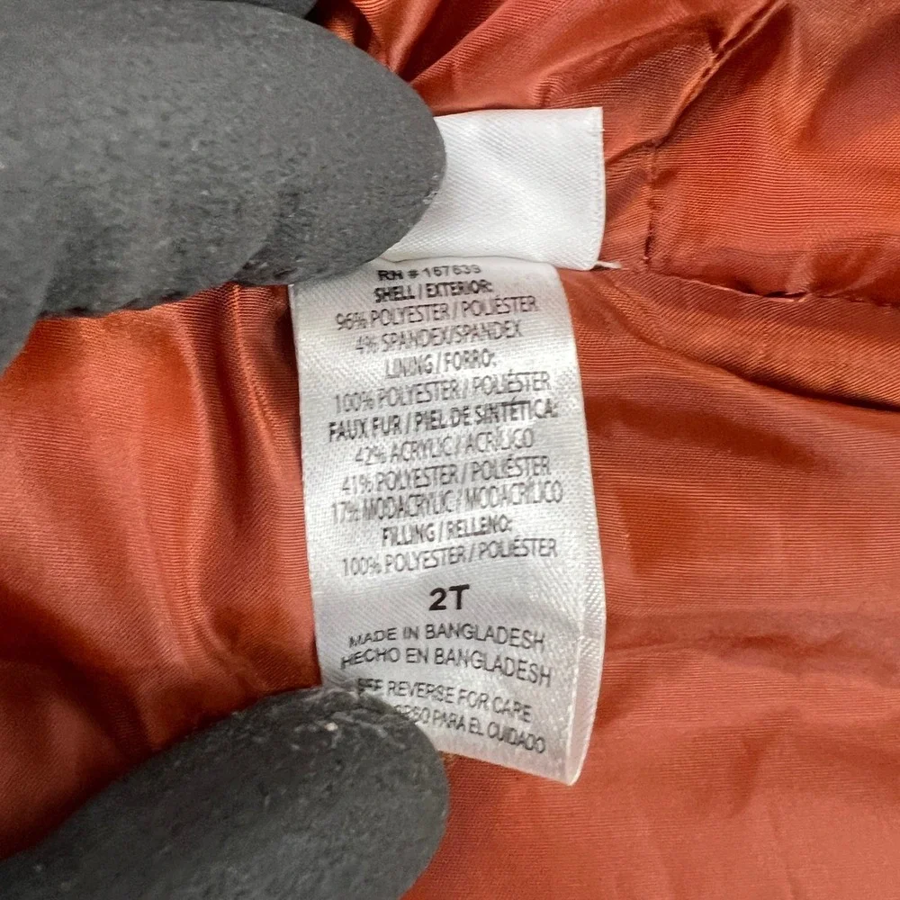 Nicole Miller Corduroy Puffer Vest 2T Orange Women Faux Fur Hood Quilted Zip